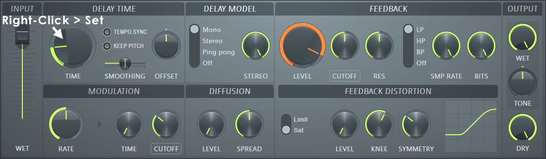 Fruity Delay 3: perilla TIME con clic derecho, botón TEMPO SYNC, sección FEEDBACK y salida WET y DRY