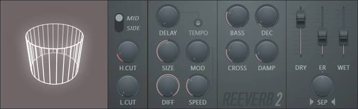 Fruity Reeverb 2: perillas DELAY con botón TEMPO, DEC, H.CUT, L.CUT y deslizadores DRY, ER y WET